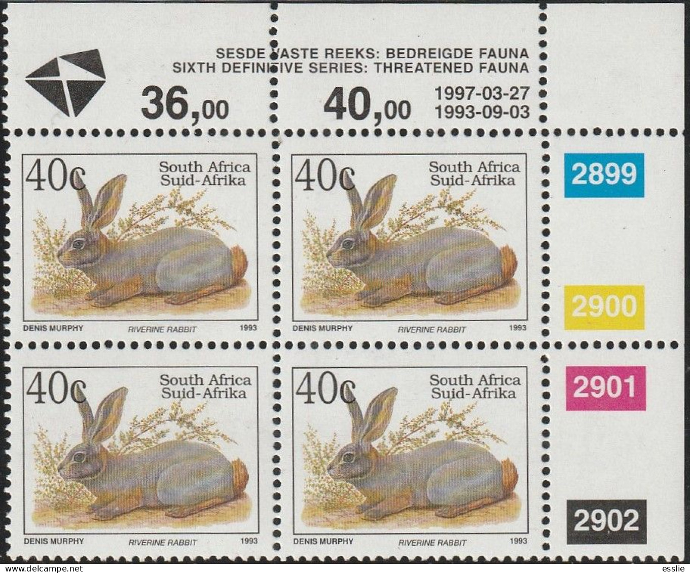 South Africa RSA - 1993 - Sixth 6th Definitive Endangered Fauna - 40c Riverine Rabbit - Nuevos