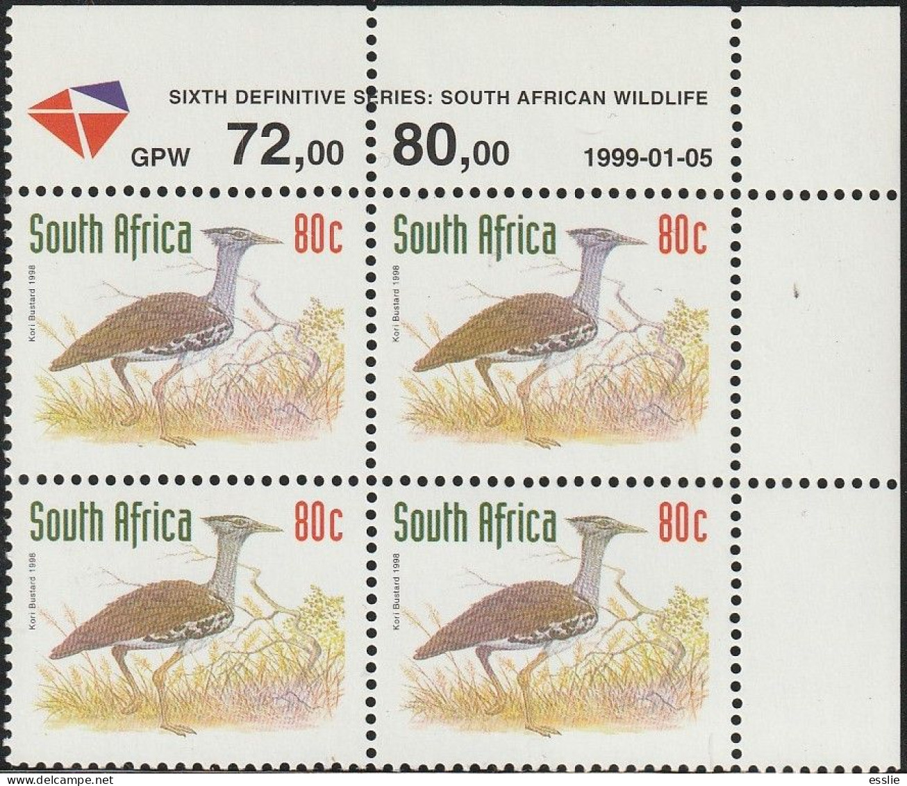 South Africa RSA - 1998 (1997) - Sixth 6th Definitive Redrawn Endangered Fauna - 80c Kori Bustard - Ungebraucht