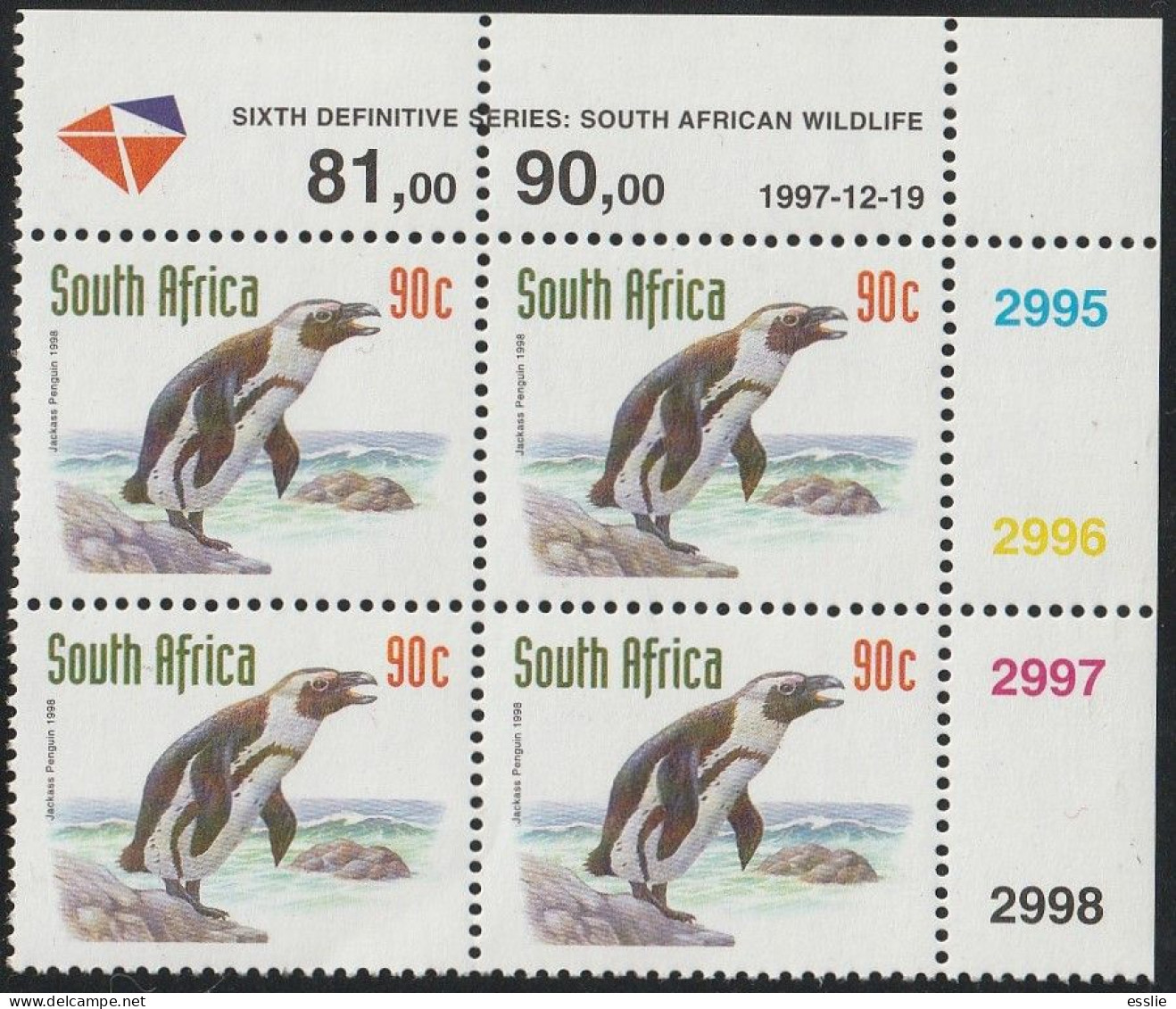 South Africa RSA - 1998 (1997) - Sixth 6th Definitive Redrawn Endangered Fauna - 90c Jackass Penguin - Ungebraucht