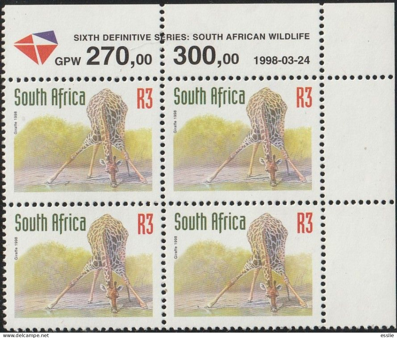 South Africa RSA - 1998 (1997) - Sixth 6th Definitive Redrawn Endangered Fauna - R3 Giraffe - Nuevos