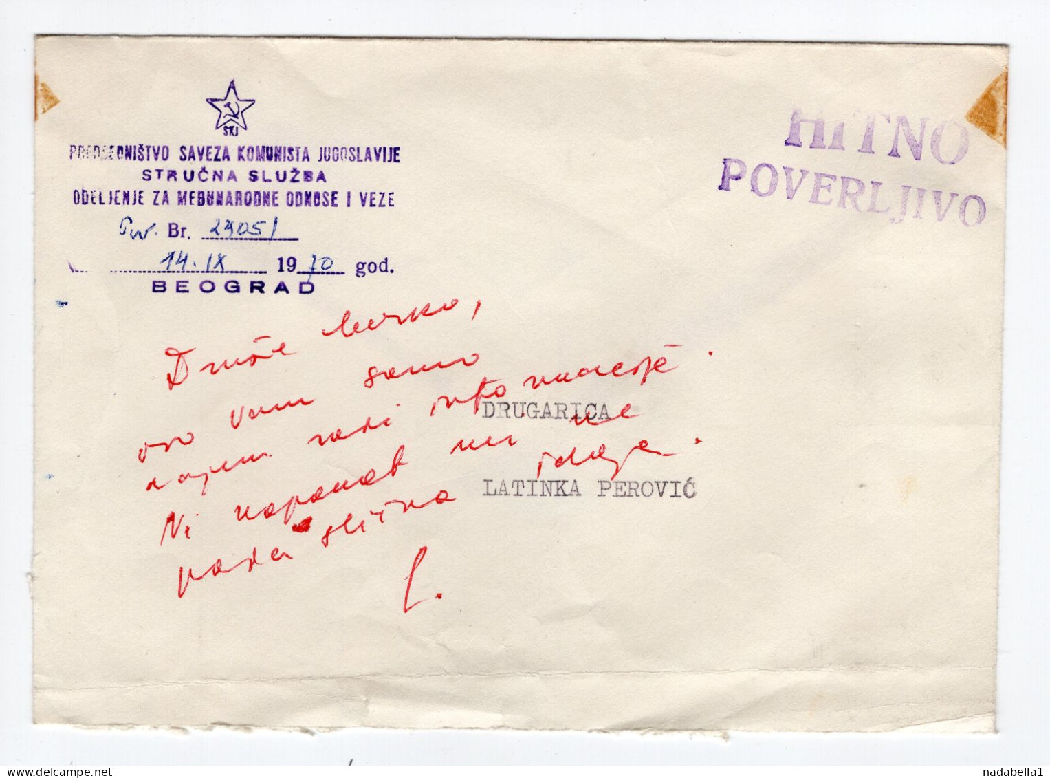 1970. YUGOSLAVIA,OFFICIALS,LETTER TO LATINKA PEROVIC WITH HER REMARKS - Service