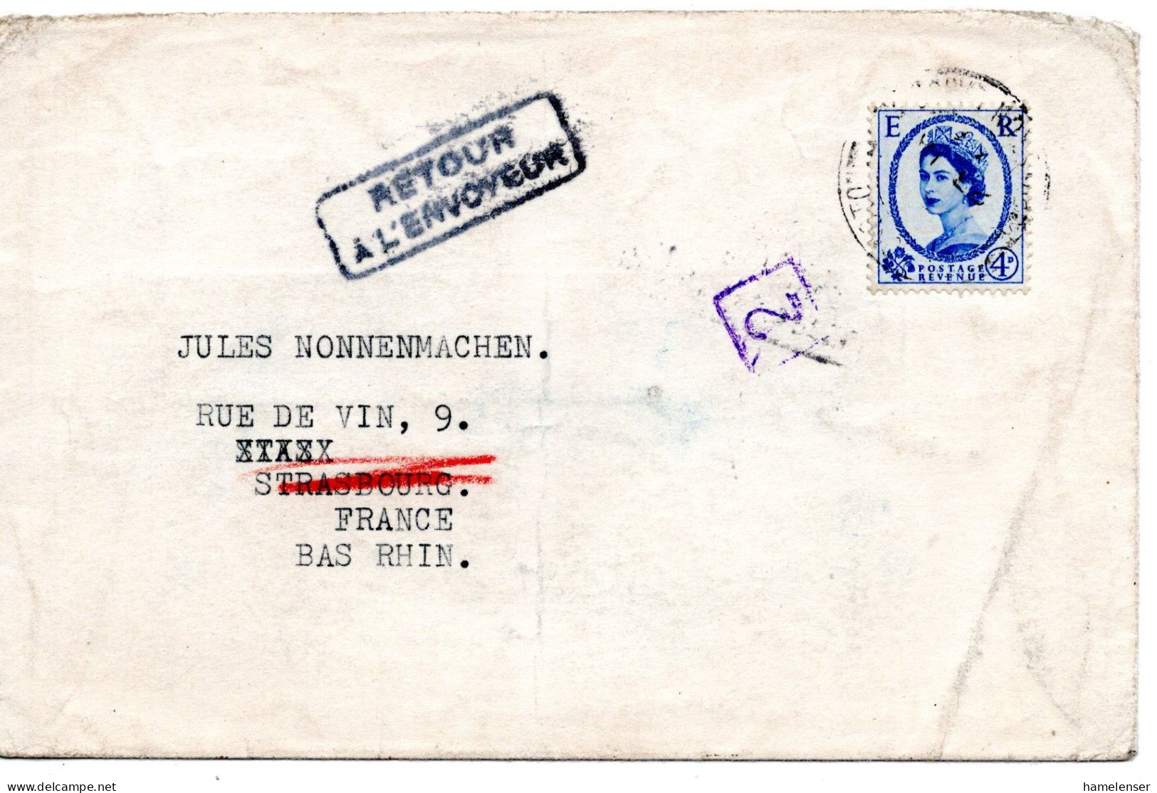 69245 - Grossbritannien - 1957 - 4d Wilding EF A Bf Nach STRASBOURG (Frankreich), Zurueck Als "Strasse Unbekannt" - Storia Postale