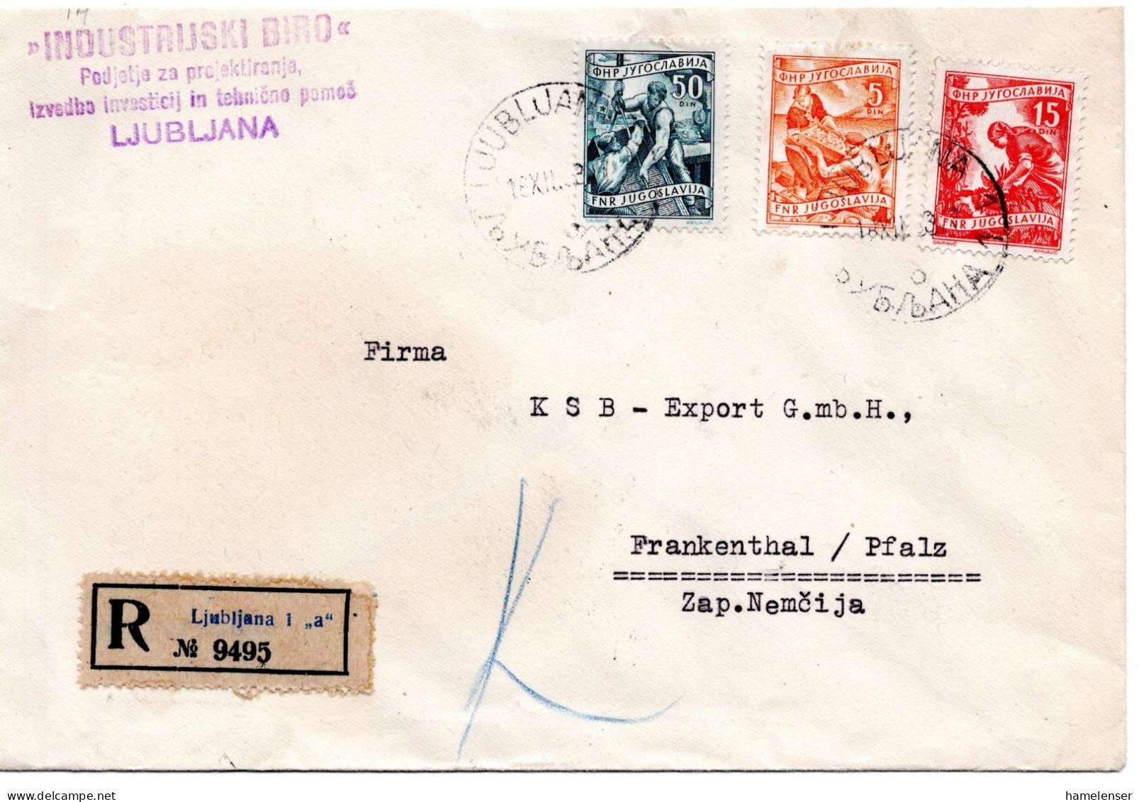 69246 - Jugoslawien - 1958 - 50Din MiF A R-Bf LJUBLJANA -> FRANKENTHAL (Westdeutschland) - Brieven En Documenten