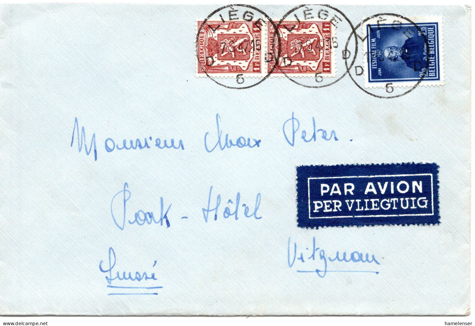69248 - Belgien - 1947 - 3,15F Filmfestival MiF A LpBf LIEGE -> Schweiz - Lettres & Documents