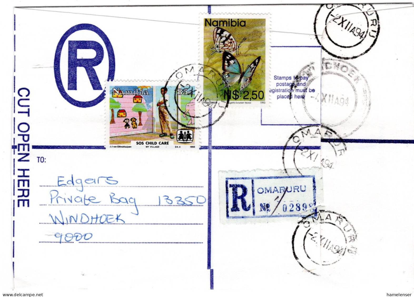 69252 - Namibia - 1994 - $2,50 Schmetterlinge MiF A R-Bf OMARURU -> WINDHOEK - Namibië (1990- ...)