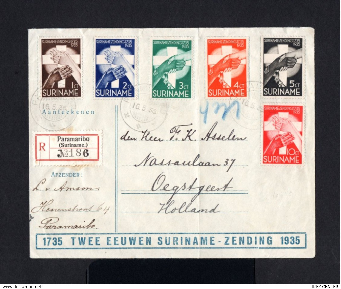 S147-SURINAME-REGISTERED COVER PARAMARIBO To OEGSTGEEST (holland) 1936.WWII.ENVELOPPE RECOMMANDEE PAYS BAS - Briefe U. Dokumente