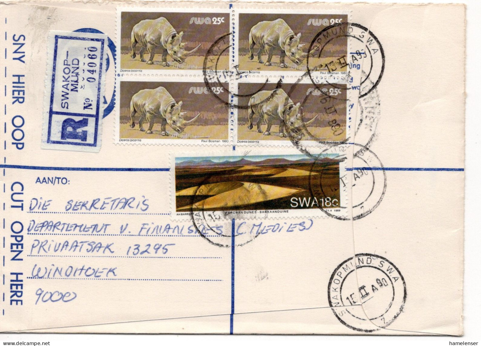 69261 - Südwestafrika - 1990 - 25c Nashorn 田 MiF A R-Bf SWAKOPMUND -> WINDHOEK - Südwestafrika (1923-1990)