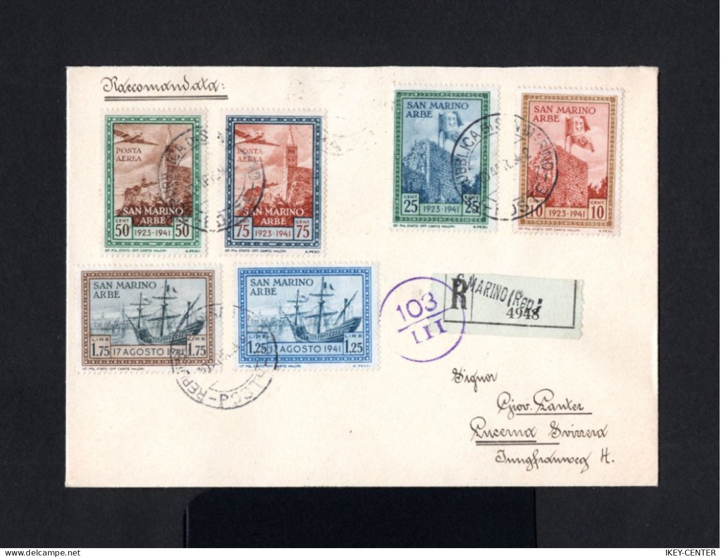 K541-SAN MARINO-REGISTERED COVER SAN MARINO To LUZERN (switzerland) 1942.WWII.envelope RECOMMANDEE SAINT MARINE - Covers & Documents