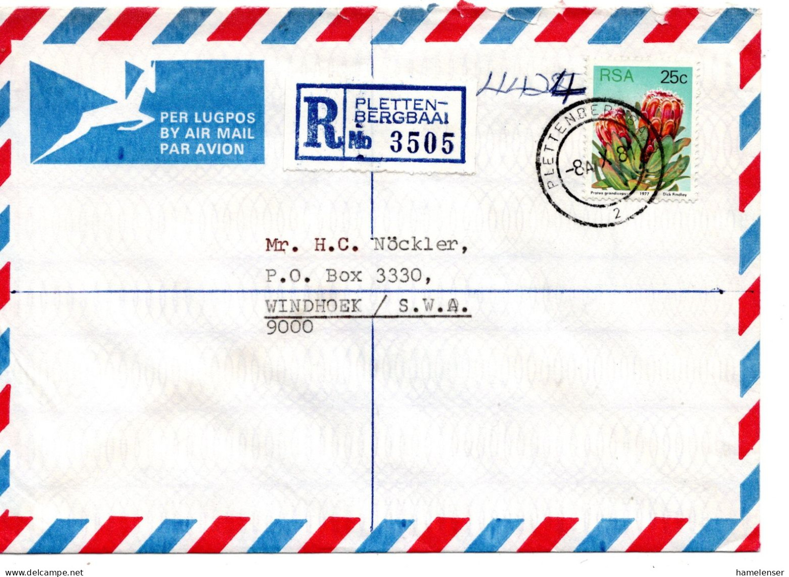 69274 - Südafrika - 1981 - 25c Zuckerbusch EF A R-LpBf PLETTENBERGBAAI -> WINDHOEK (Südwestafrika) - Storia Postale