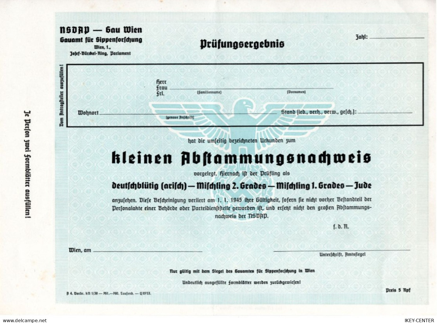 GERMAN EMPIRE-Third Reich.MILITARY NAZI DOCUMENT PROPAGANDA German Birth Certificate.WIEN.WWII.NSDAP.DEUTSCHES REICH - 1939-45