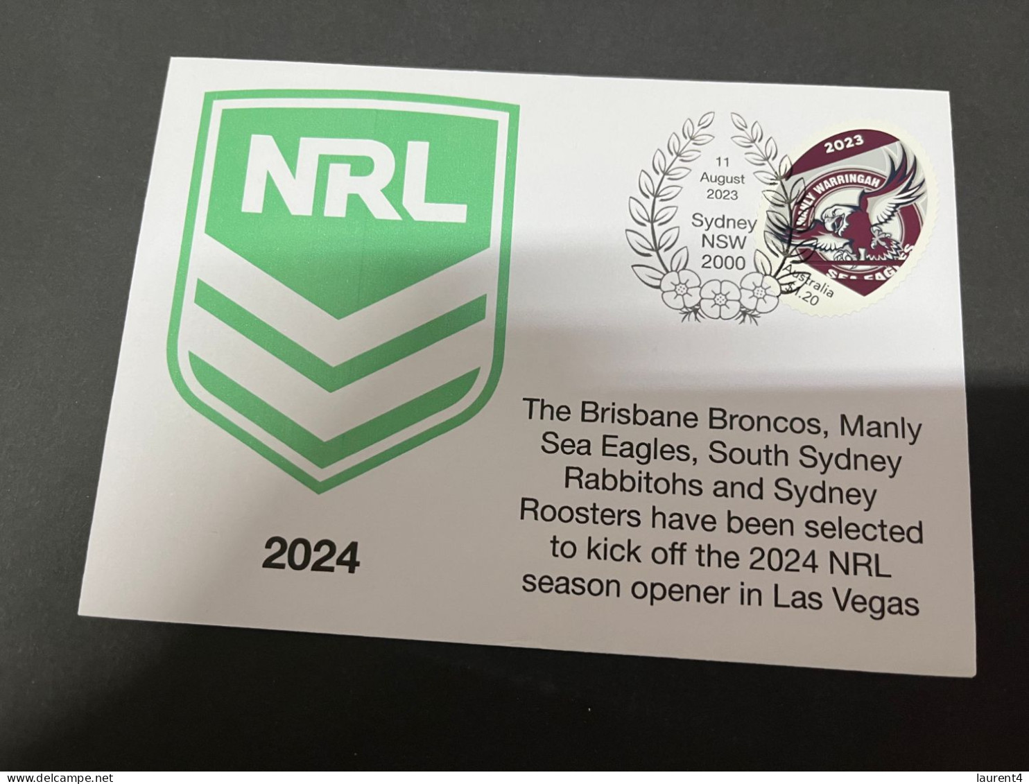 23-8-2023 (3 T 3) Australia - NRL 2024 Season To Begin In Las Vegas (with Manly Sea Eagles Team Stamp) - Brieven En Documenten