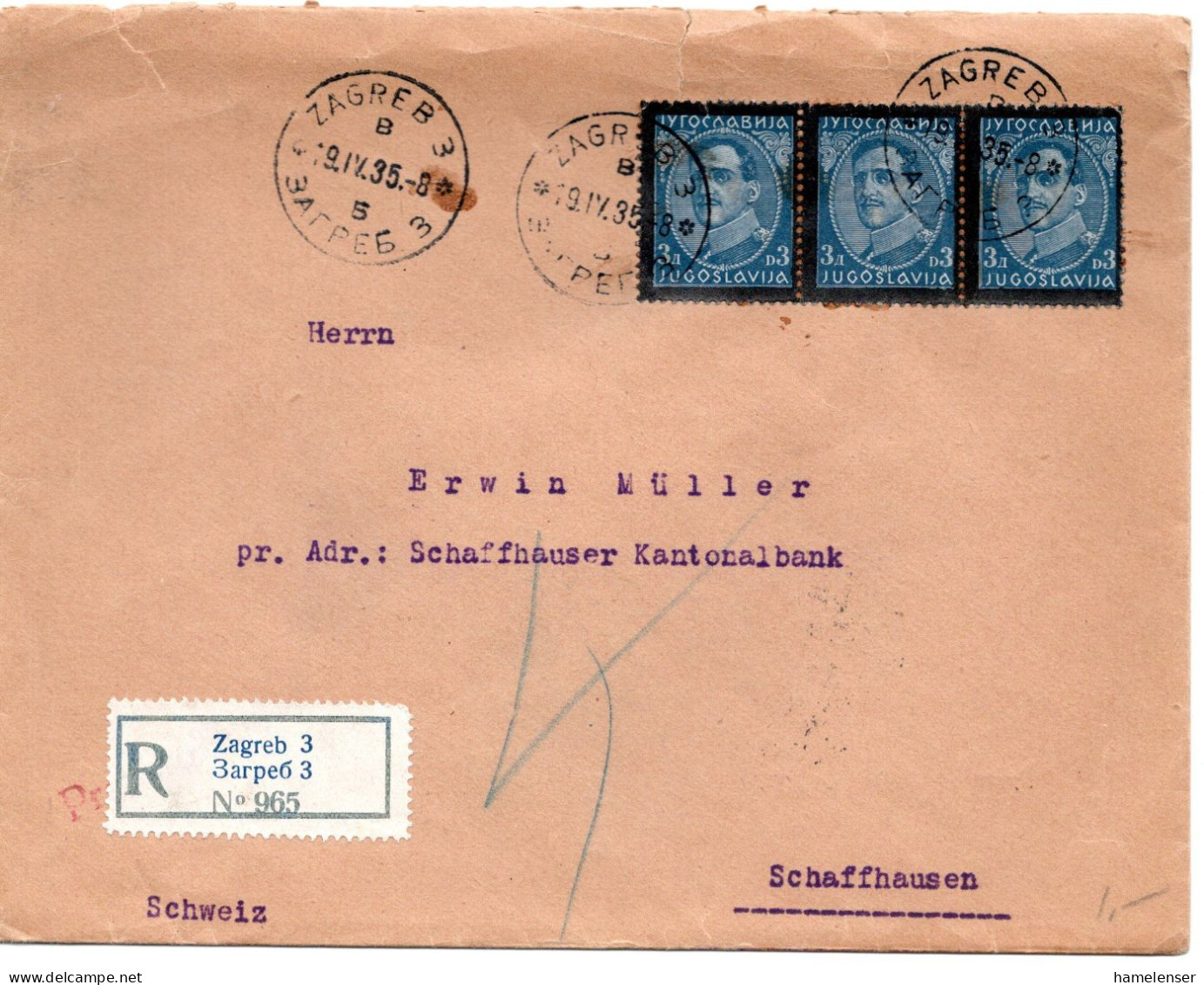 69283 - Jugoslawien - 1930 - 3@3Din Trauer A R-Bf ZAGREB -> SCHAFFHAUSEN (Schweiz) - Lettres & Documents