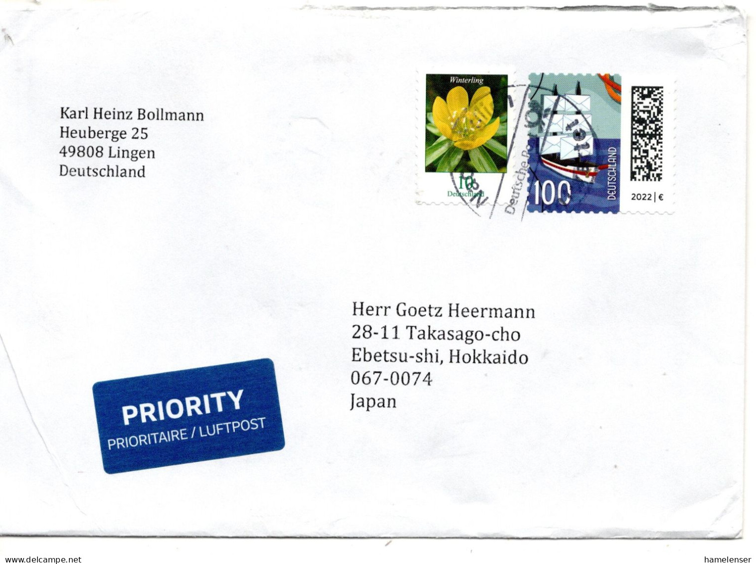 69285 - Bund - 2023 - 100c Briefe MiF A LpBf NACHTRAEGLICH ENTWERTET (BZ49?) -> Japan - Storia Postale