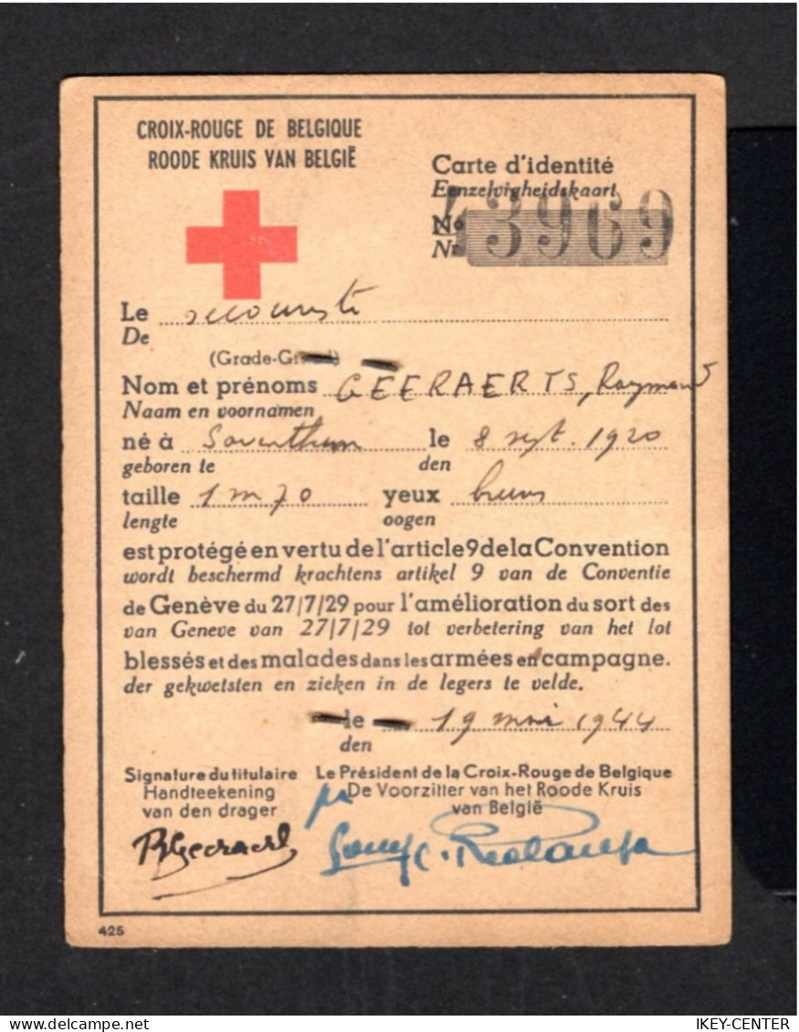 S4556-BELGIUM-MILITARY Identity Card BELGIAN RED CROSS.1944.WWII.Carte D'identité MILITAIRE CROIX-ROUGE BELGE.WOUNDED - 1939-45