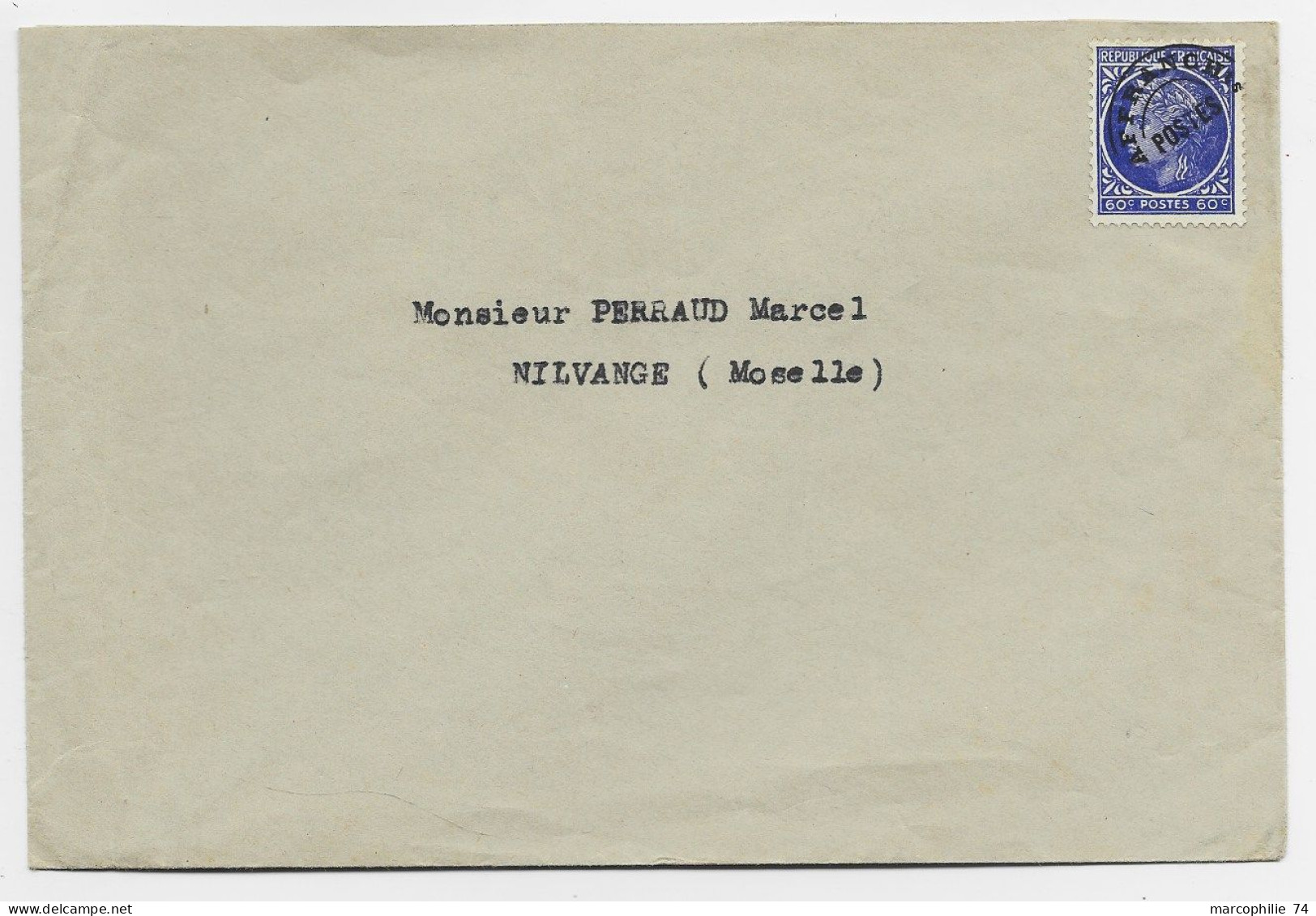 FRANCE MAZELIN 60C PREO SEUL LETTRE POUR LA MOSELLE  AU TARIF - 1945-47 Ceres (Mazelin)