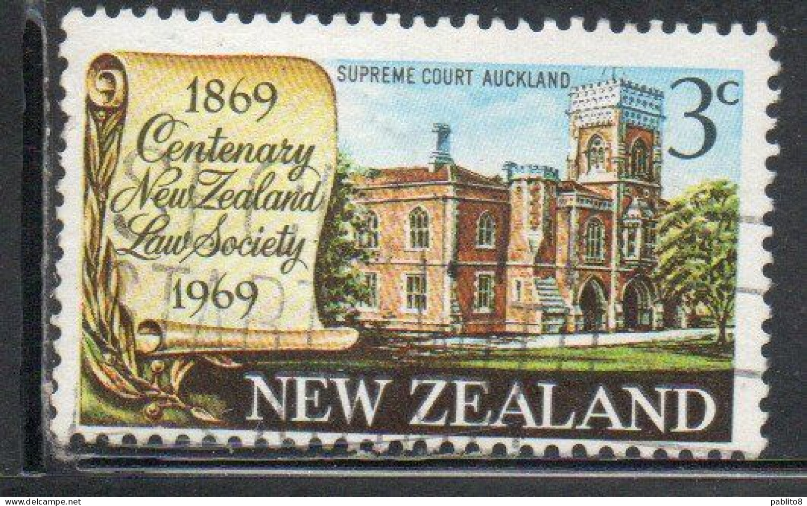 NEW ZEALAND NUOVA ZELANDA 1969 CENTENARY LAW SOCIETY SUPREME COURT BUILDING AUCKLAND 3c USED USATO OBLITERE' - Oblitérés