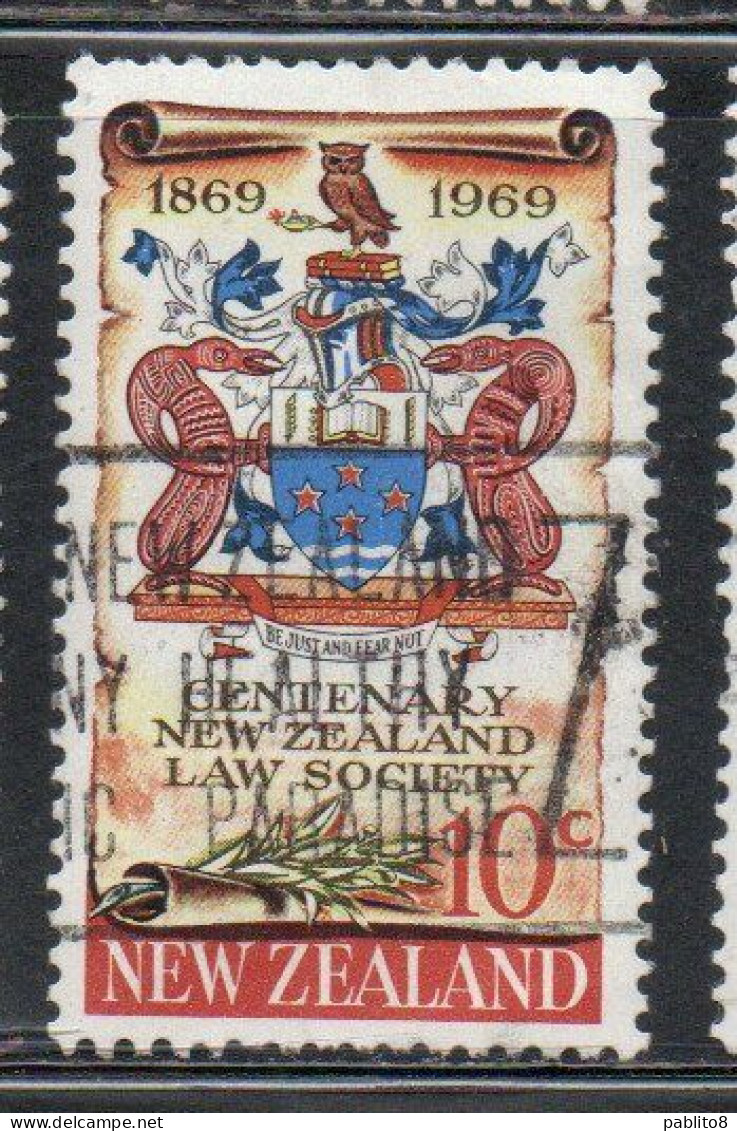 NEW ZEALAND NUOVA ZELANDA 1969 CENTENARY LAW SOCIETY COAT OF ARMS 10c USED USATO OBLITERE' - Gebraucht