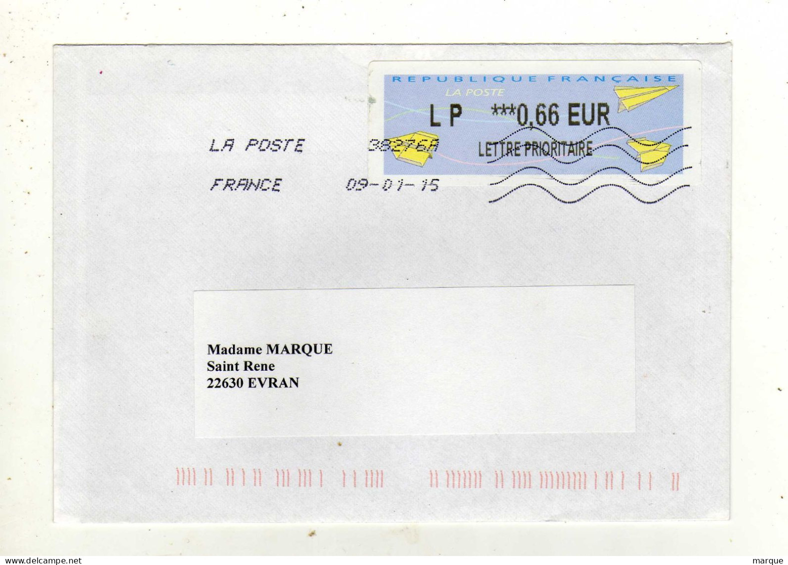 Enveloppe FRANCE Avec Vignette Affranchissement Lettre Prioritaire Oblitération LA POSTE 38269A 09/01/2015 - 2000 « Avions En Papier »