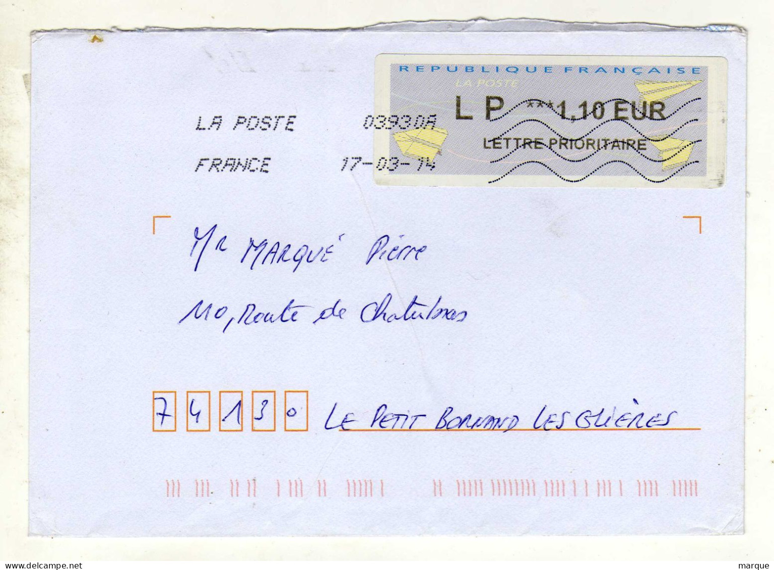 Enveloppe FRANCE Avec Vignette Affranchissement Lettre Prioritaire Oblitération LA POSTE 03930A 17/03/2014 - 2000 « Avions En Papier »