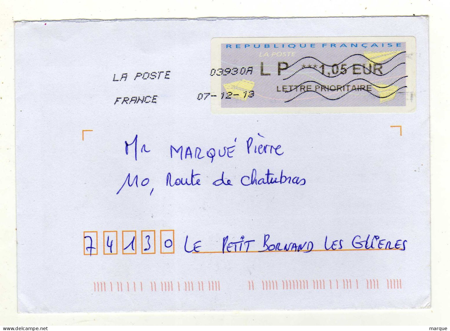 Enveloppe FRANCE Avec Vignette Affranchissement Lettre Prioritaire Oblitération LA POSTE 03930A 07/12/2013 - 2000 « Avions En Papier »