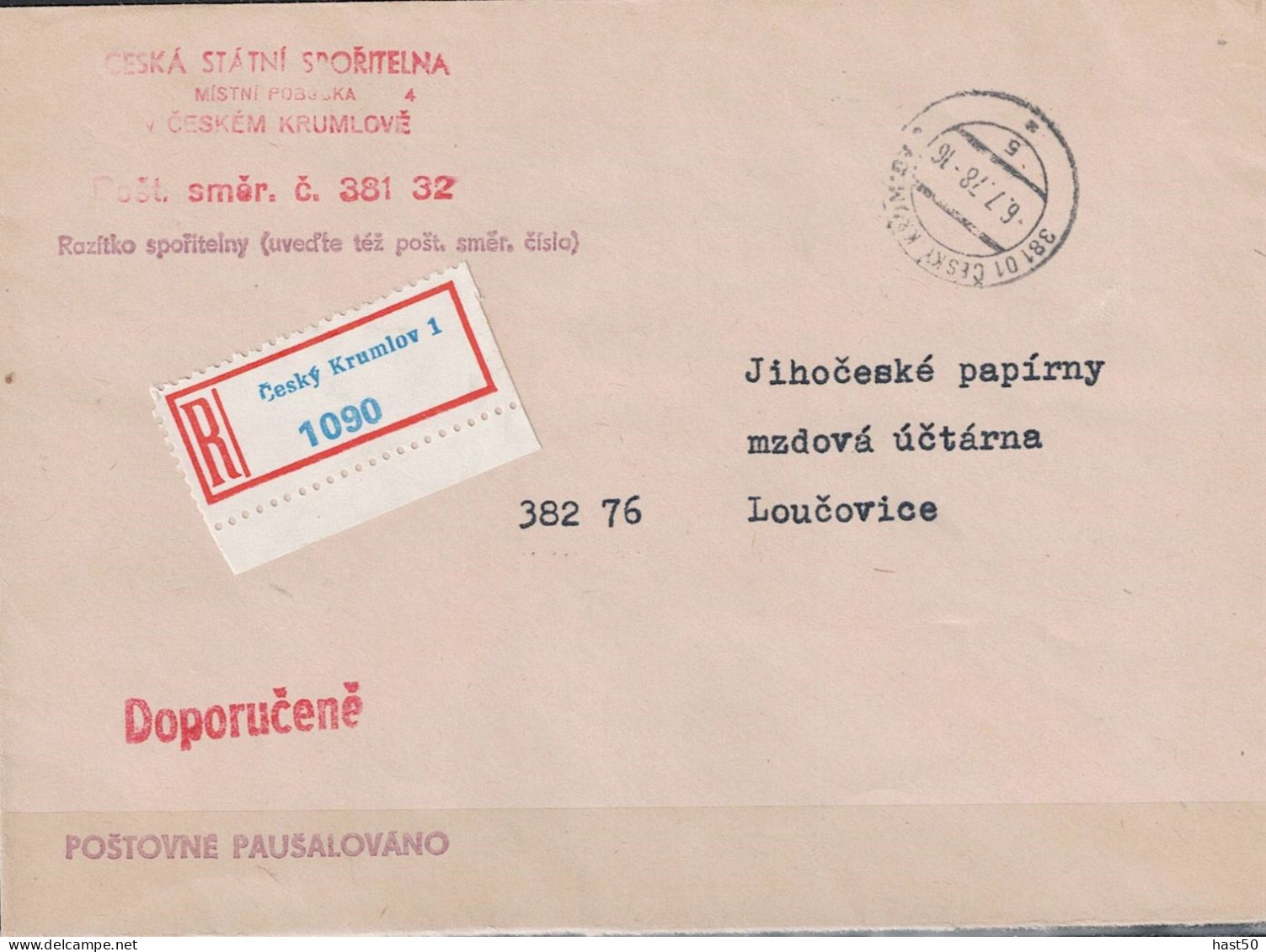 Tschechoslowakei CSSR - Einschreibebrief (Porto Pauschalisiert) 1978 Aus Český Krumlov (Krumau) - Cartas & Documentos