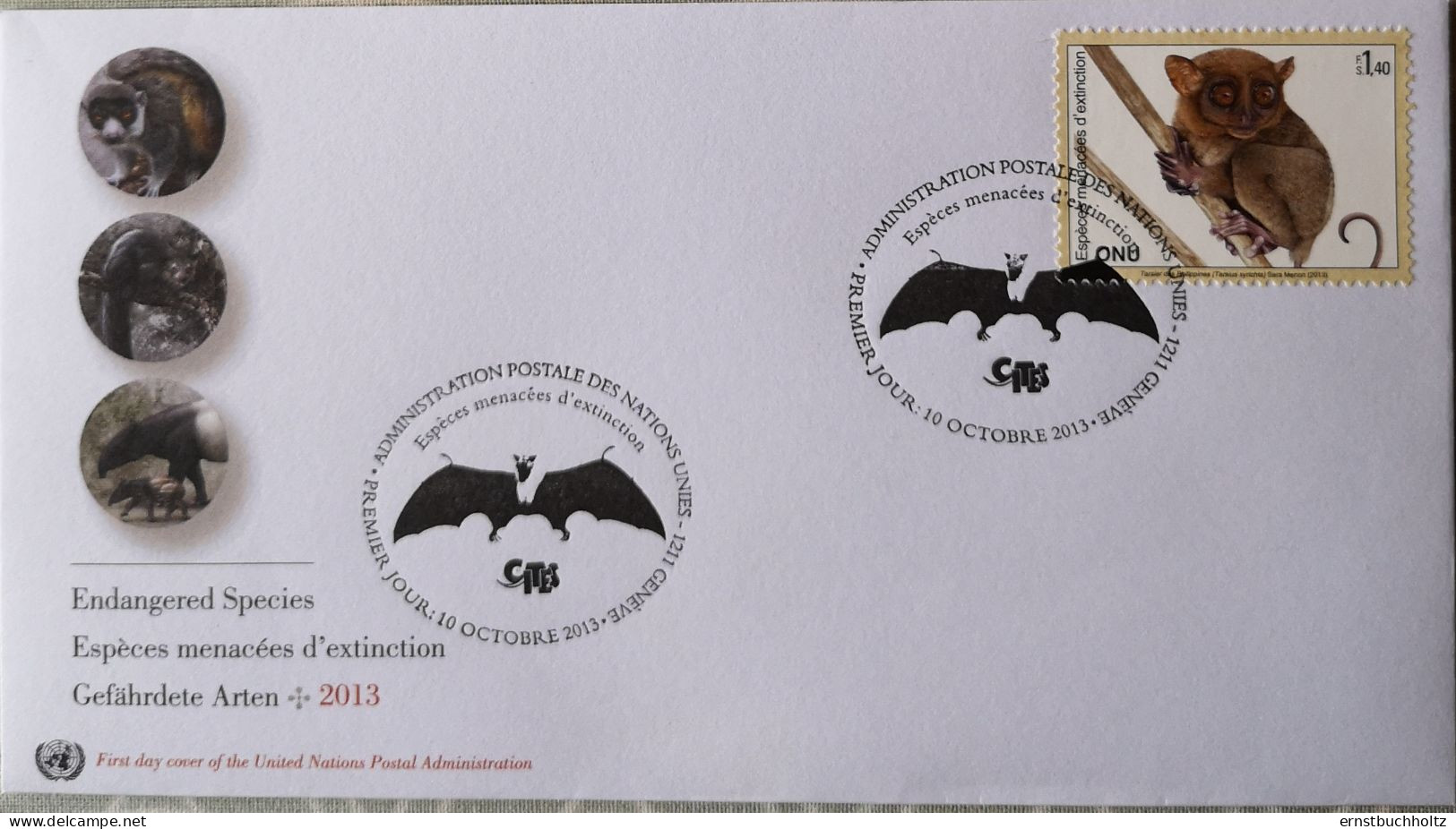 UNO Genf 2013 FDC Gefährdete Arten Galago Mit Stempel Flughund - Unused Stamps