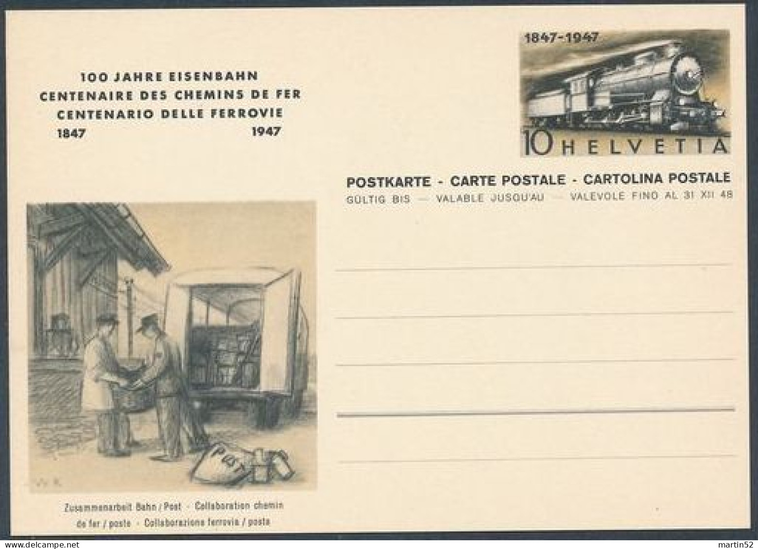 Schweiz Suisse 1947: Bild-PK / CPI 100 Jahre Eisenbahn / Rail (Bahn > Post) "Post-Bus" Ungelaufen / Non Circulé - Busses