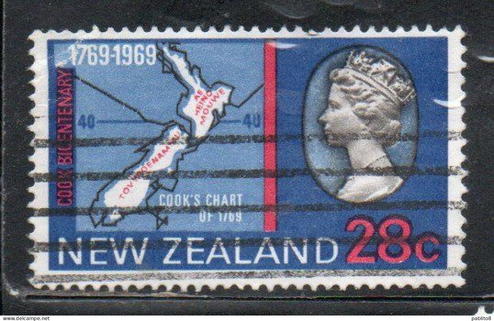 NEW ZEALAND NUOVA ZELANDA 1969 CAPTAIN COOK LANDING CHART QUEEN ELIZABETH II MAP 28c USED USATO OBLITERE' - Usati