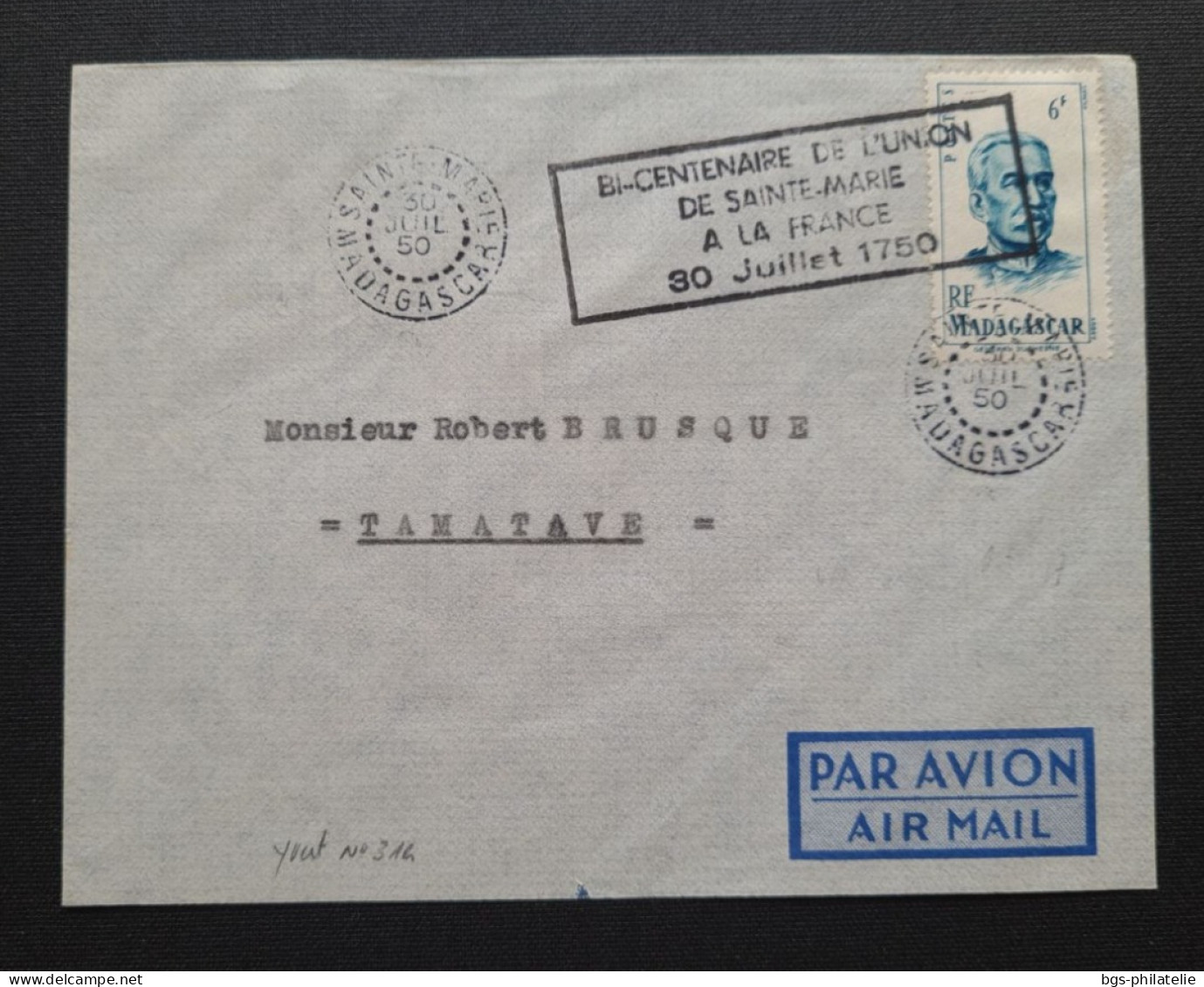 Timbre N° 314 Sur Lettre Avec Griffe "Bi-centenaire De L'Union De Sainte Marie à La France 30Juillet 1750. - Covers & Documents