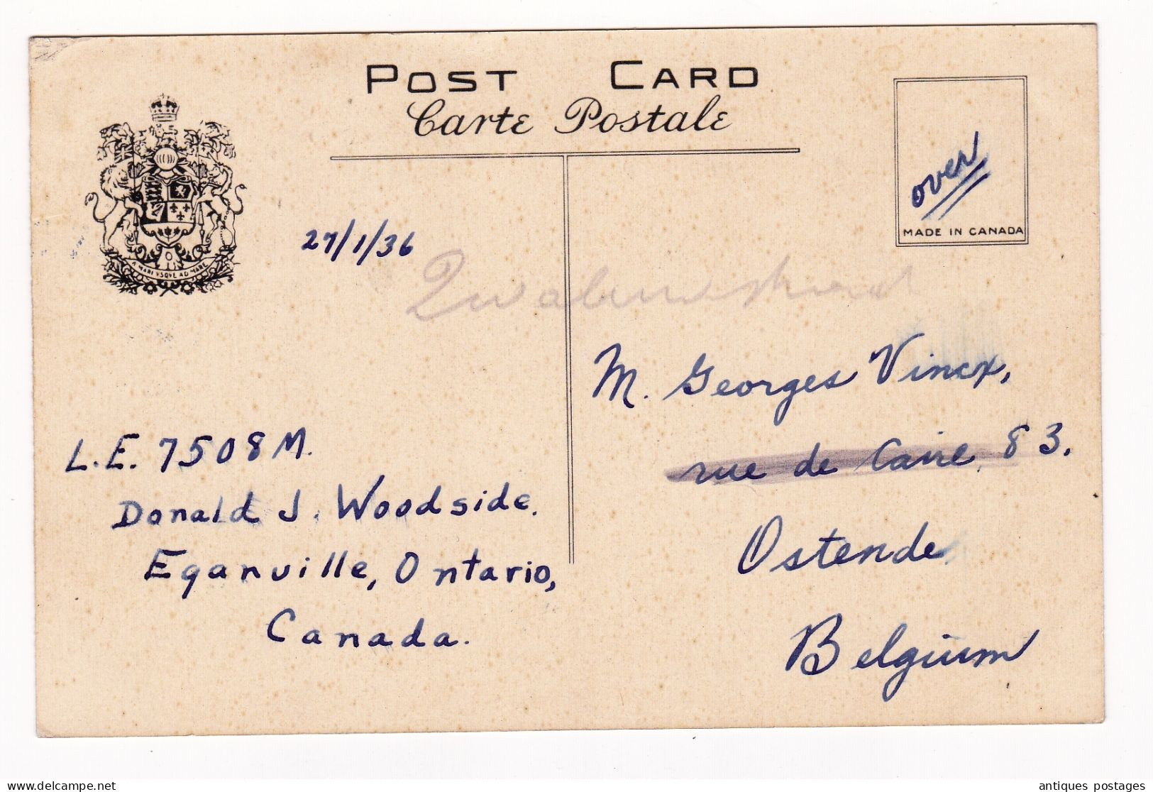 Eganville 1936 Lake Clear Canada Ontario Ostende Belgique Stamp King George V & Queen Mary 3 Cents Donald J. Woodside - Lettres & Documents