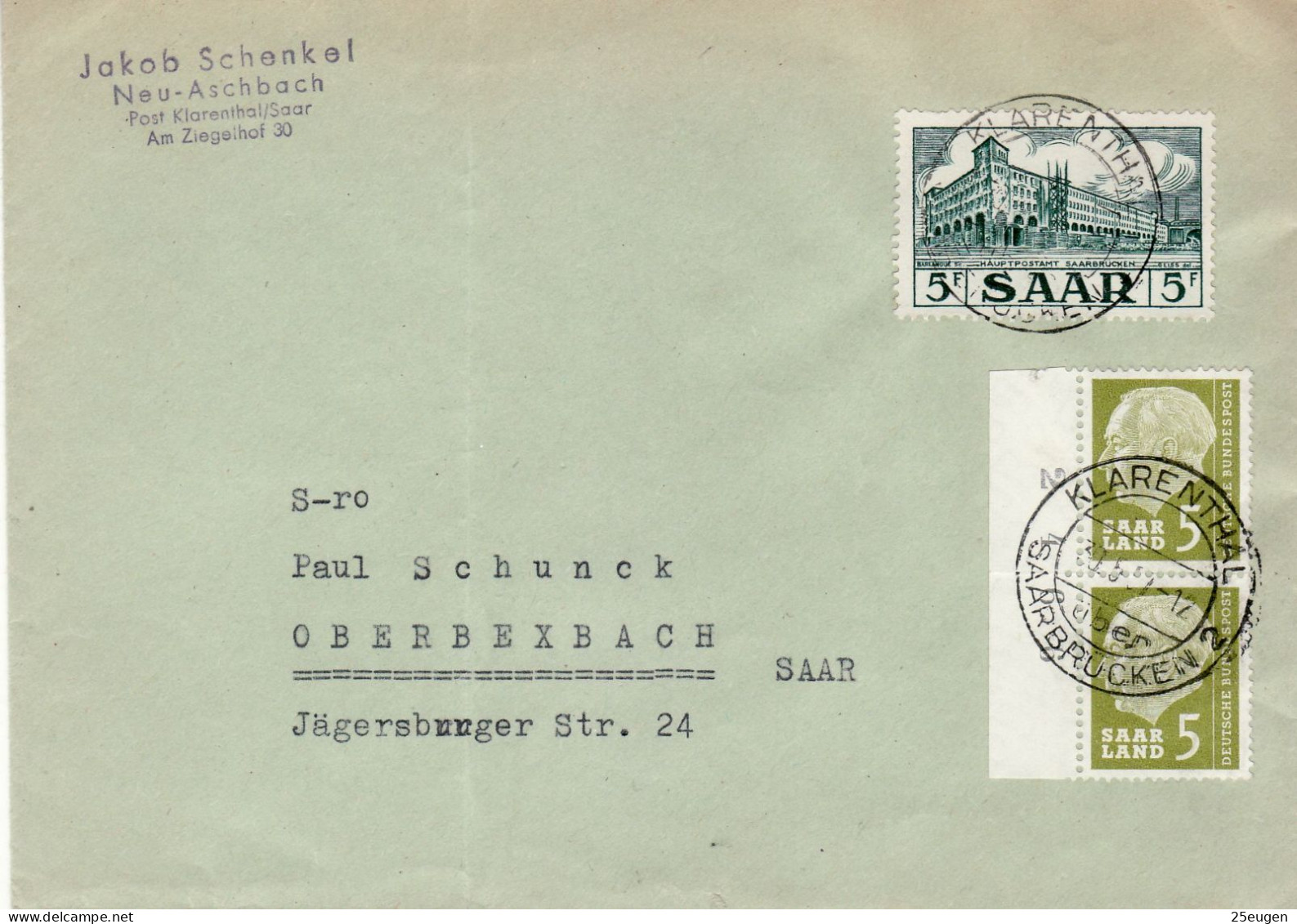 SAAR 1957  LETTER SENT FROM KLARENTHAL TO OBERBEXBACH - Cartas & Documentos