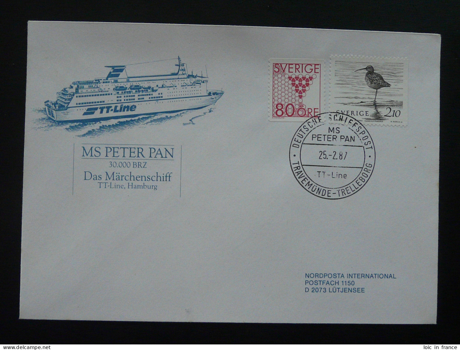 Lettre Cover Deutsche Schiffspost Bateau Ship MS Peter Pan Suede Sweden 1987 - Briefe U. Dokumente