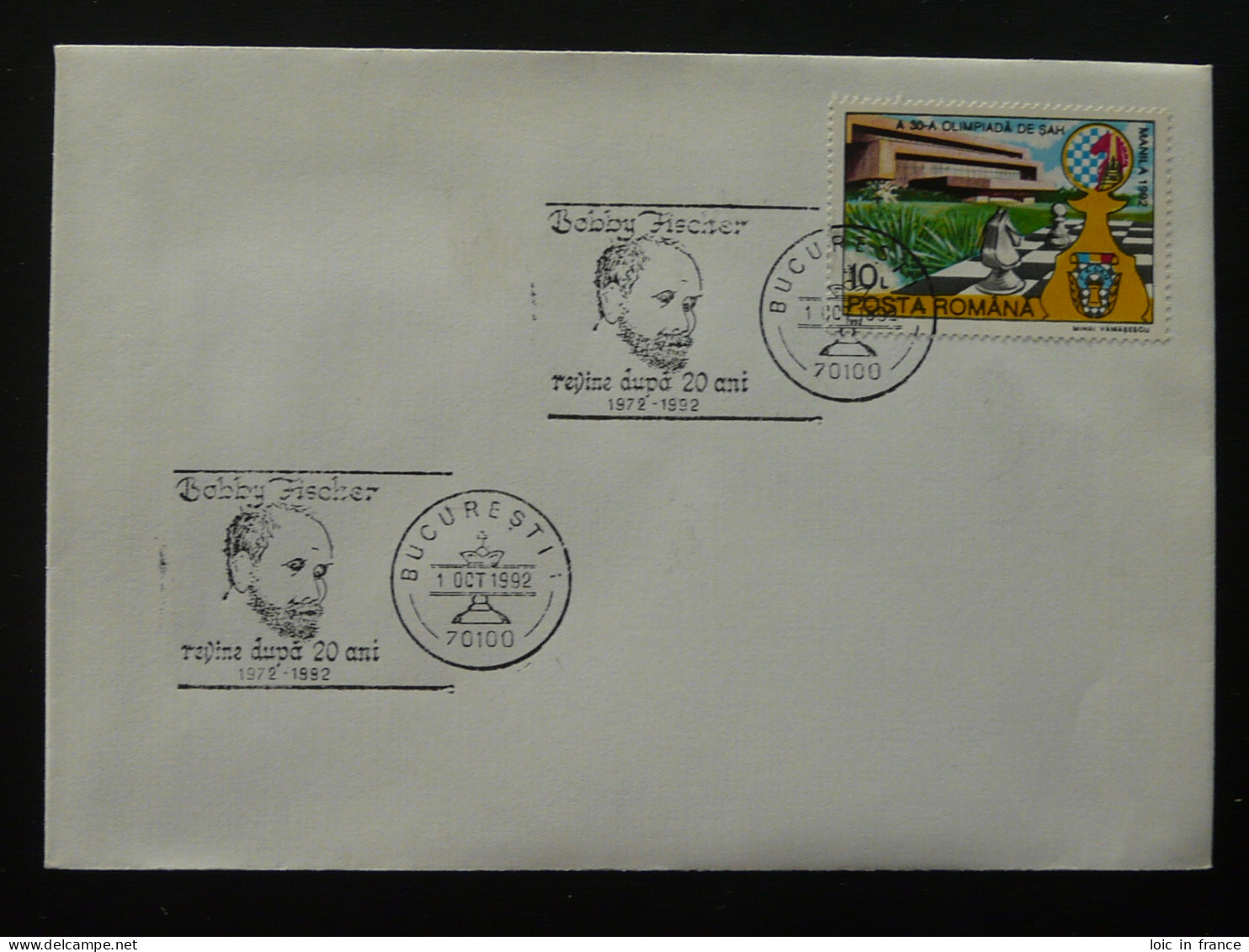 échecs Chess Bobby Fischer Oblitération Sur Lettre Postmark On Cover Roumanie Romania 1992 - Marcophilie