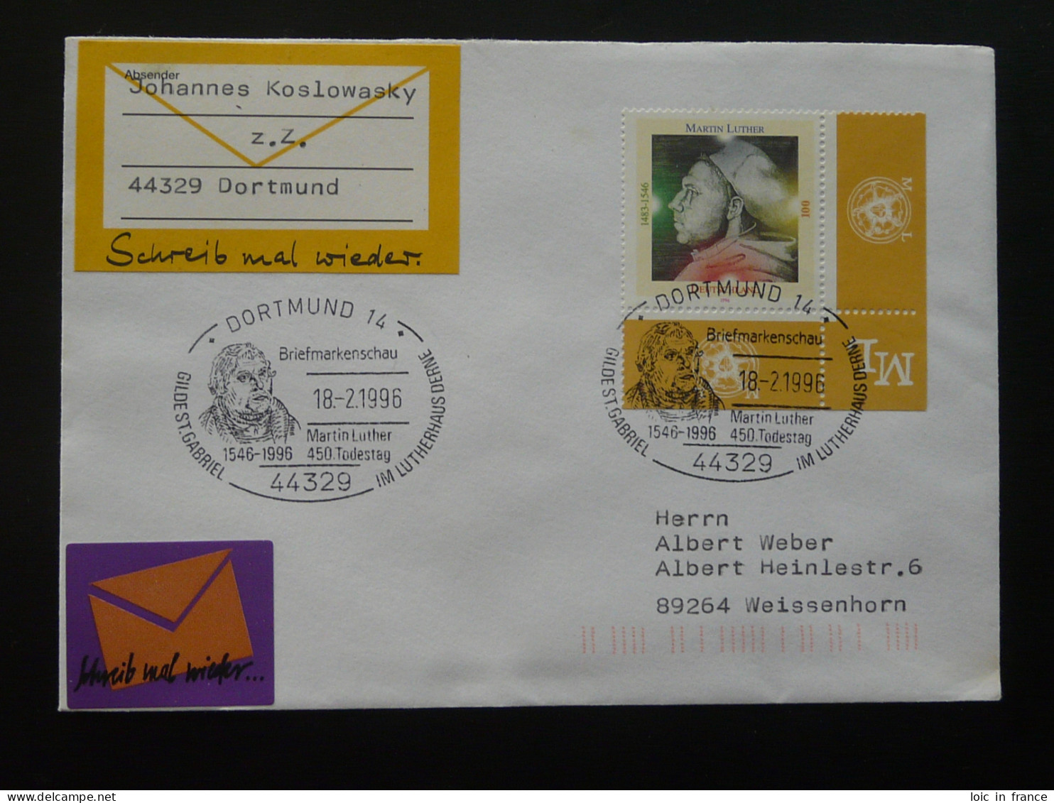 Martin Luther Oblitération Sur Lettre Postmark On Cover Dortmund Allemagne Germany 1996 - Theologen