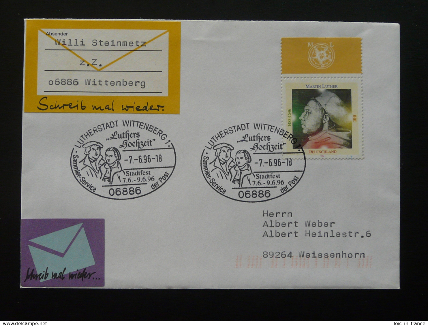 Martin Luther Oblitération Sur Lettre Postmark On Cover Wittenberg Allemagne Germany 1996 - Théologiens