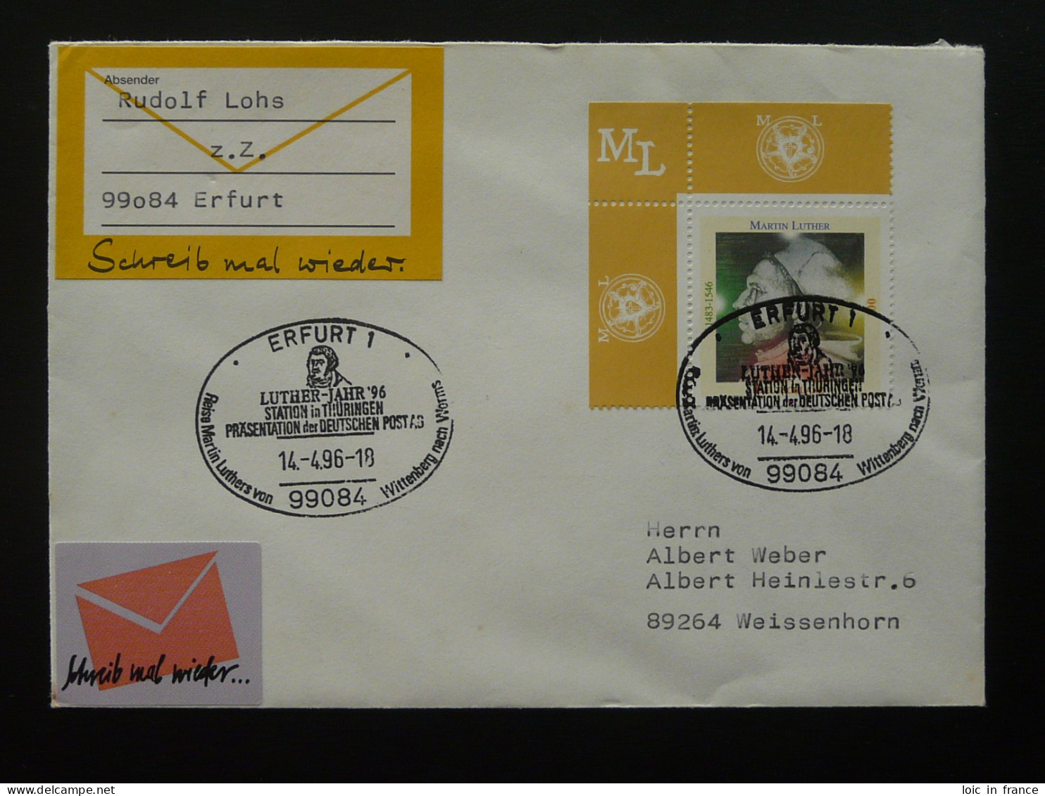 Martin Luther Oblitération Sur Lettre Postmark On Cover Erfurt Allemagne Germany 1996 - Theologen