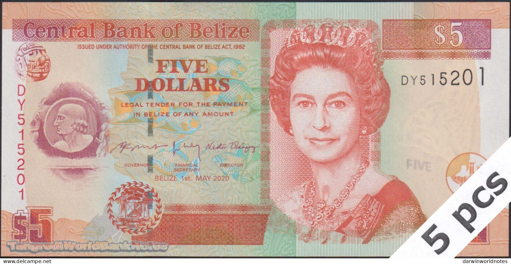 DWN - BELIZE P.67h - 5 Dollars 2020 (2022) UNC Various Prefixes DEALERS LOT X 5 - Belize