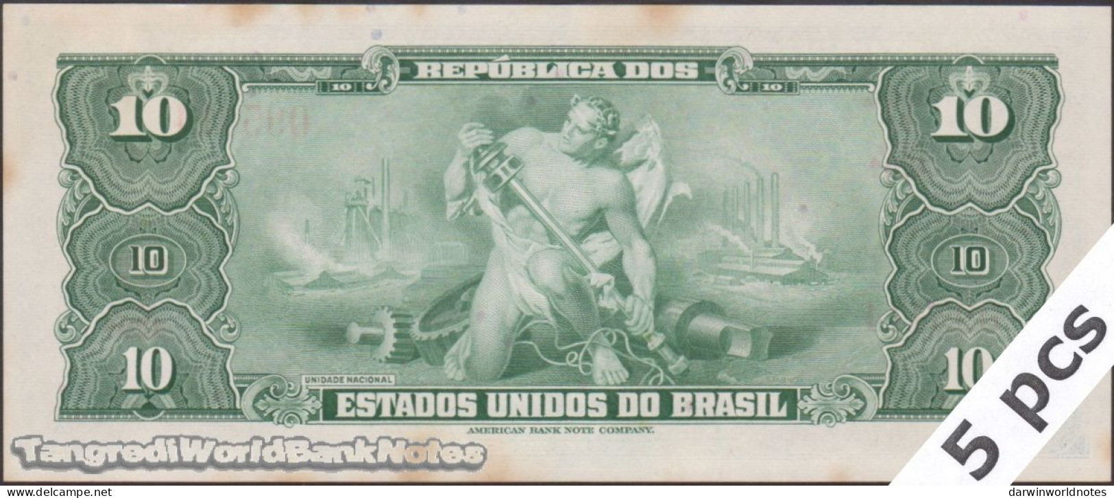 DWN - BRAZIL P.167a - 10 Cruzeiros ND (1961-1963) XF+ Various Prefixes DEALERS LOT X 5 - Brésil