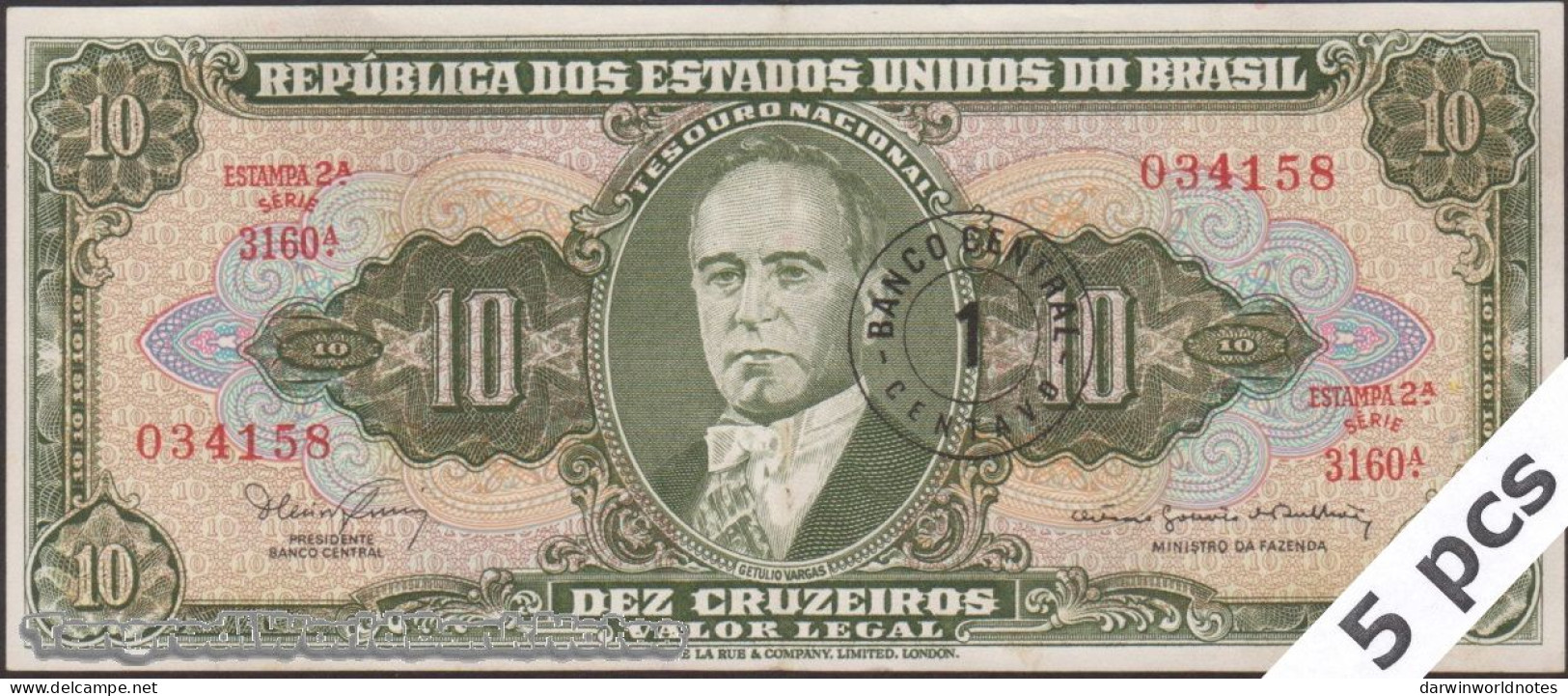 DWN - BRAZIL P.183b - 1/10 Centavo/Cruzeiros ND (1965-1967) AXF Various Prefixes DEALERS LOT X 5 - Brésil