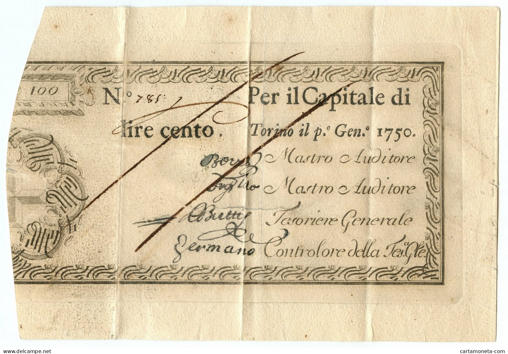 100 LIRE REGIE FINANZE TORINO REGNO DI SARDEGNA 01/01/1750 BB- - Altri & Non Classificati