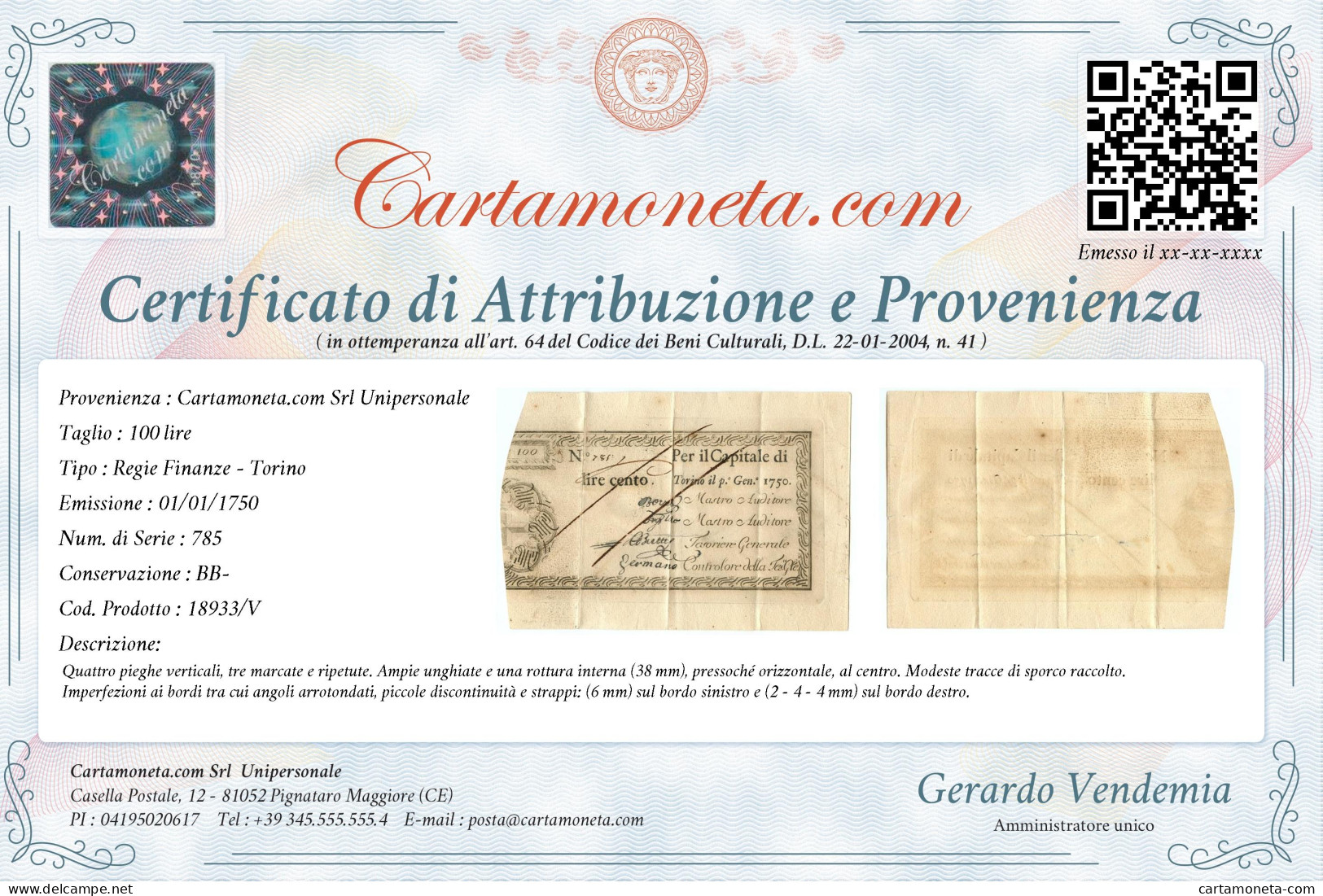 100 LIRE REGIE FINANZE TORINO REGNO DI SARDEGNA 01/01/1750 BB- - Sonstige & Ohne Zuordnung