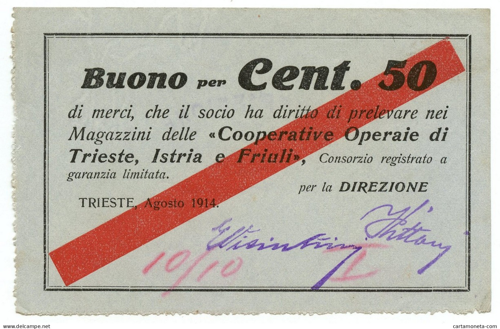 50 CENTESIMI BUONO COOPERATIVE OPERAIE TRIESTE ISTRIA FRIULI AGOSTO 1914 BB/SPL - Autres & Non Classés