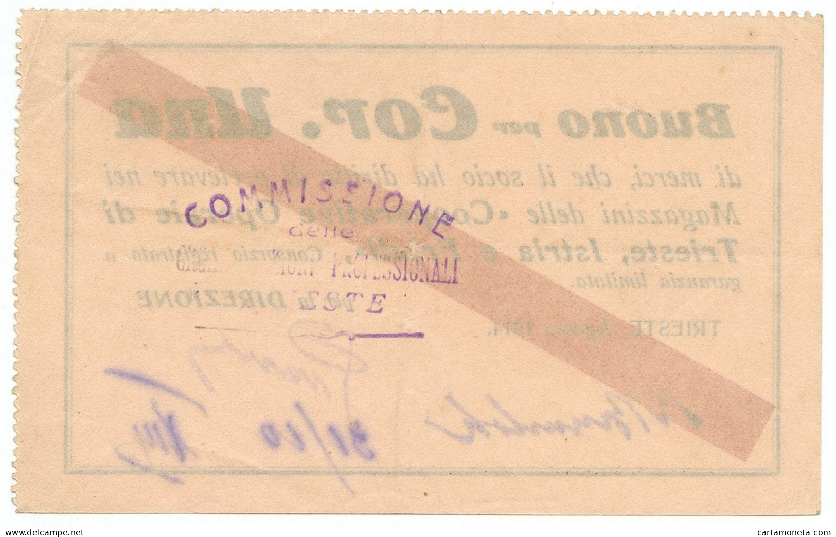 1 CORONA BUONO COOPERATIVE OPERAIE DI TRIESTE ISTRIA FRIULI AGOSTO 1914 BB+ - Other & Unclassified