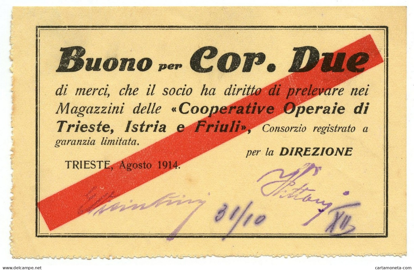 2 CORONE BUONO COOPERATIVE OPERAIE DI TRIESTE ISTRIA FRIULI AGOSTO 1914 SUP- - Altri & Non Classificati