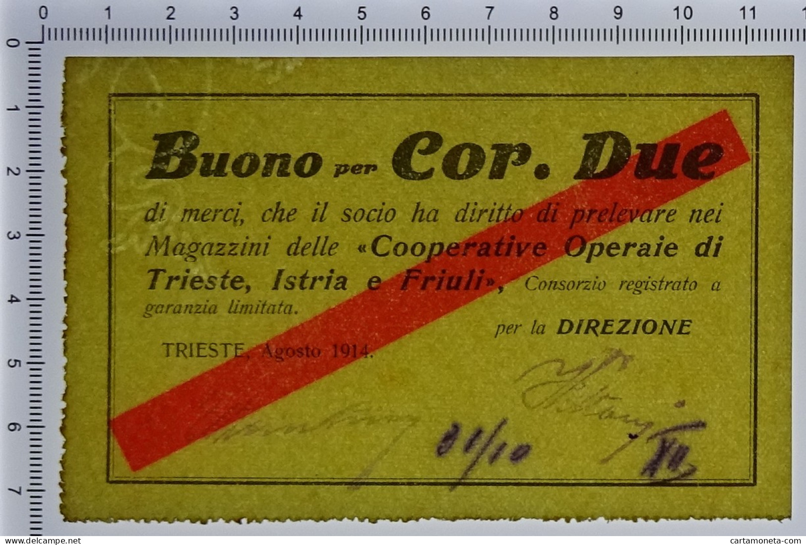 2 CORONE BUONO COOPERATIVE OPERAIE DI TRIESTE ISTRIA FRIULI AGOSTO 1914 SUP- - Altri & Non Classificati