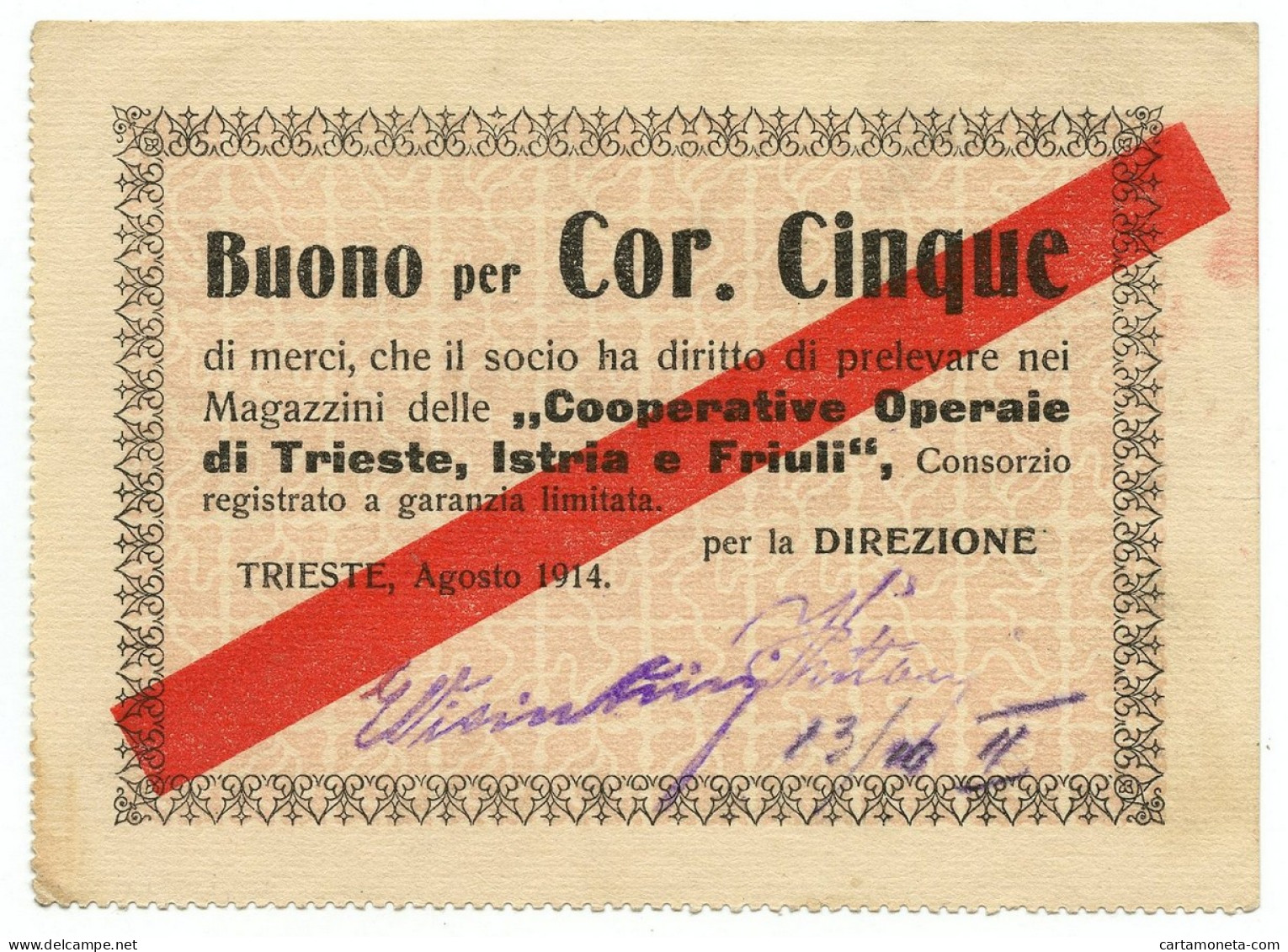 5 CORONE BUONO COOPERATIVE OPERAIE DI TRIESTE ISTRIA FRIULI AGOSTO 1914 SUP- - Other & Unclassified