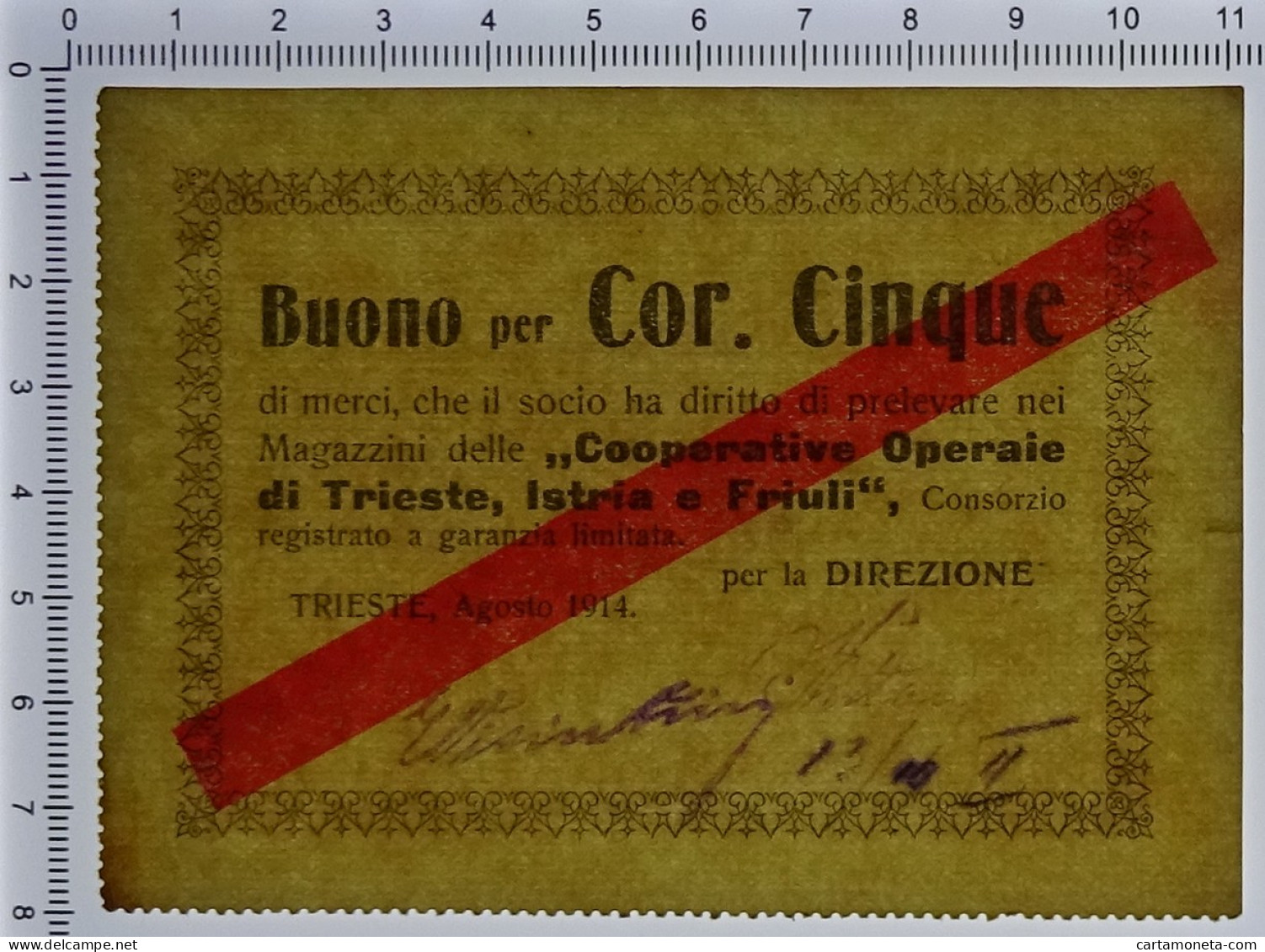 5 CORONE BUONO COOPERATIVE OPERAIE DI TRIESTE ISTRIA FRIULI AGOSTO 1914 SUP- - Sonstige & Ohne Zuordnung