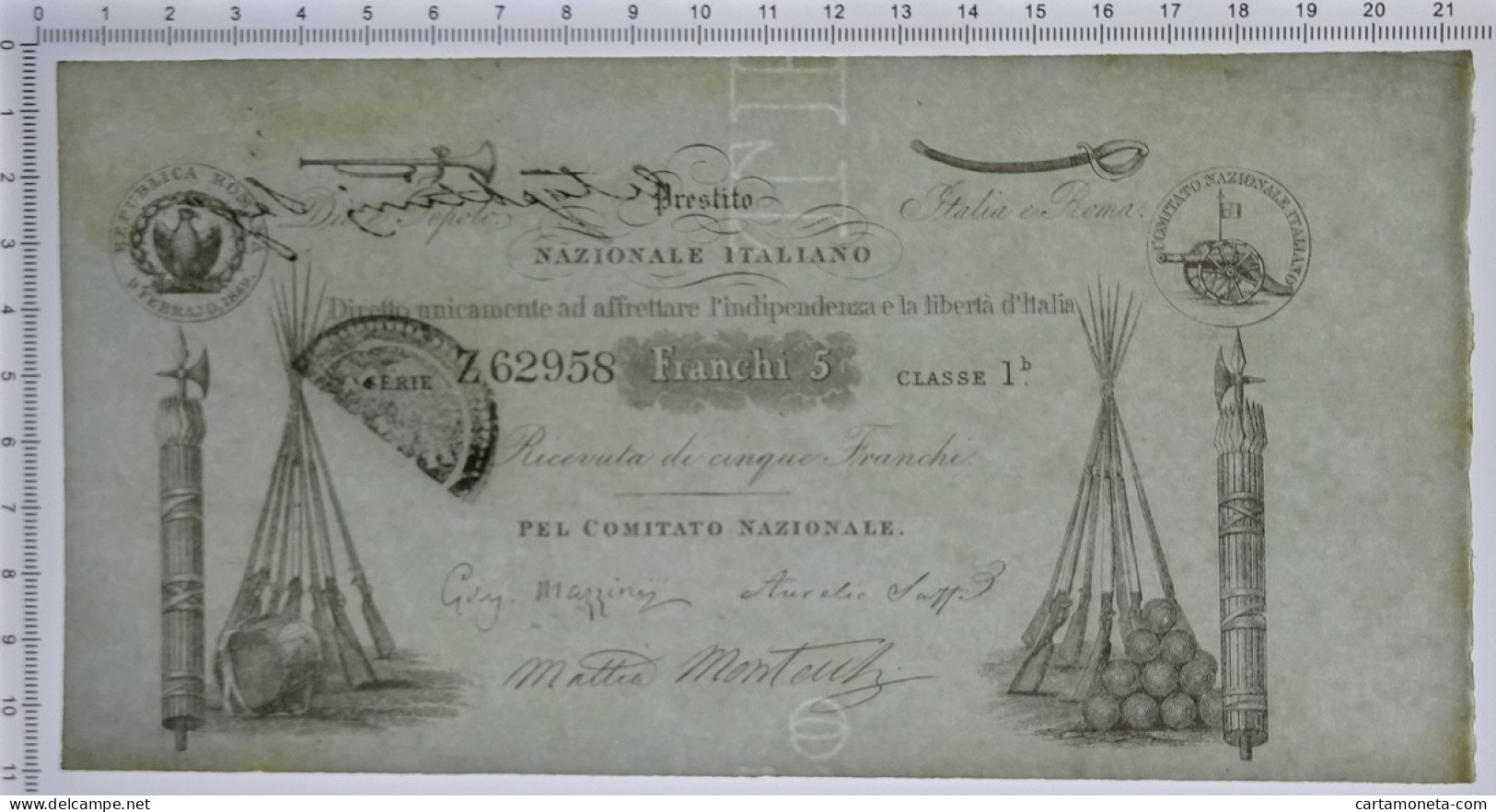 5 FRANCHI PRESTITO NAZIONALE ITALIANO MAZZINI LONDRA 1852 SUP- - Other & Unclassified