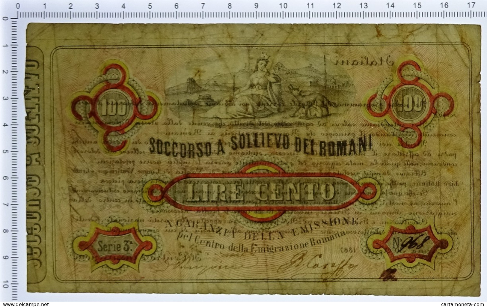 100 LIRE SOCCORSO A SOLLIEVO DEI ROMANI EMESSO FIRMA GARIBALDI 30/04/1867 BB - Autres & Non Classés