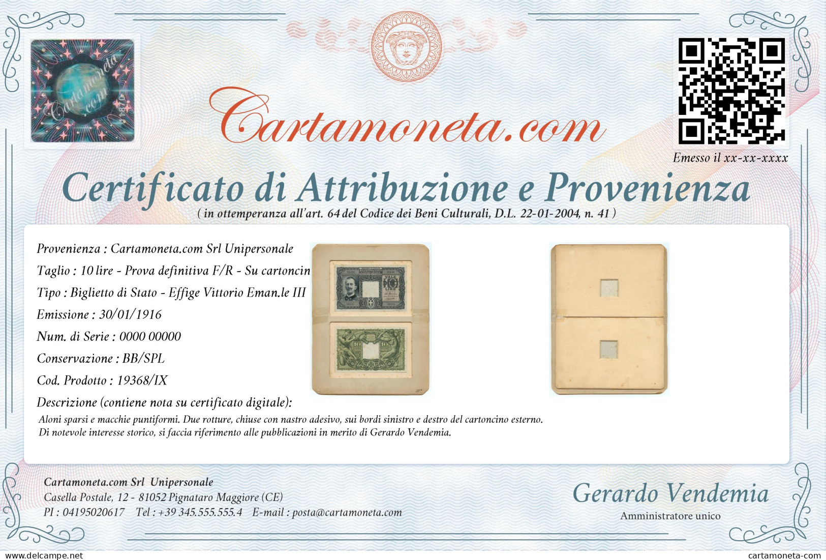 10 LIRE PROVA DEFINITIVA F/R SU CARTONCINO BIGLIETTO DI STATO VEIII 1916 BB/SPL - Regno D'Italia – Other